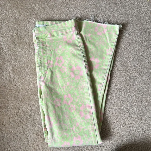 Zara High Rise Kick Flare Lime Green and Pink Floral Print Mod Jeans Size 4 - Picture 8 of 8